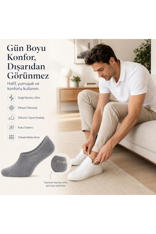 Çorap Giyim Erkek Bambu 12 Li Babet Çorap Görünmez No Show Dikişsiz Silikon Topuklu Siyah