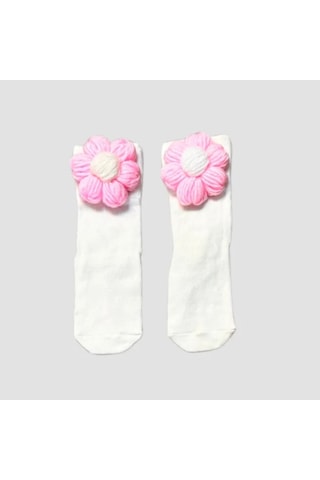 Uretti - Gülnur 2184 - El Örgüsü Çiçek Motifi Çoraplı Kız Çocuk Hırka 1 Yaş - Pembe Pembe