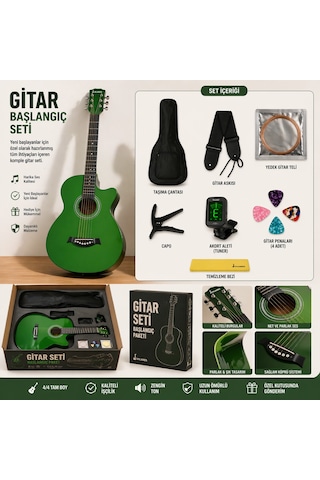 Valares 38c Kesik Kasa Yeşil Akustik Gitar 38 İnç 4/4 Yetişkin Üst Segment Full Setli Askı + Capo + Tuner + Pena + Tel + Temizleme Bezi