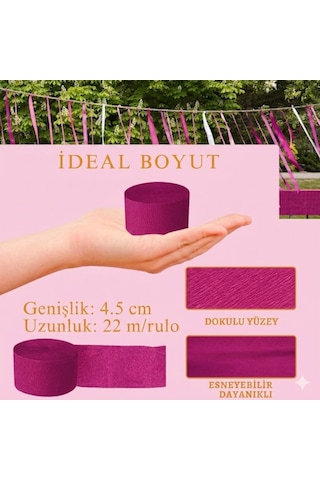 Fuşya Şerit Krapon Kağıdı Rulosu, Çiçek Yapım, Parti, El İşi Süsleme Kağıdı, 6 Adet, 4.5cm X 22metre