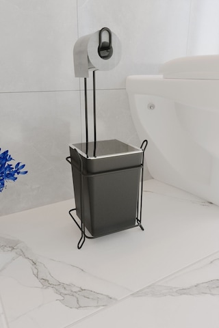 Suntel Lüks Banyo Mutfak Çöp Kovası Metal Standlı Tuvalet Kağıtlık Seti Siyah