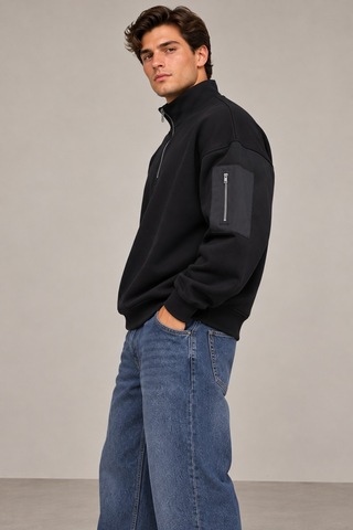 Cool Tarz Erkek Siyah Oversize Sweatshirt Yarım Fermuarlı Dik Yaka Kol Cepli 3 İplik Şardonlu Kışlık Sweat Siyah Siyah