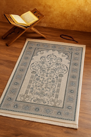 İpek Halı Kalitesinde Seccade 80x125 Cm Yumuşak Viscon İplik, Hediyelik Ve Çeyizlik Namazlık Turkuaz & Krem