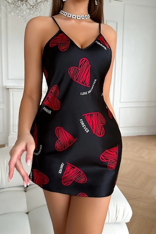 Hello Papana Hello Papana Büyük Kırmızı Kalp Desenli Siyah Saten Gecelik Çok Renkli