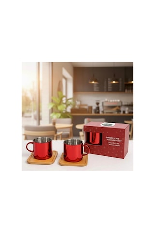 Aynalı Borosilikat Cam Türk Kahvesi Fincan Seti,kırmızı,2x125ml Bambu Tabaklı, Isıya Dayanıklı Kırmızı