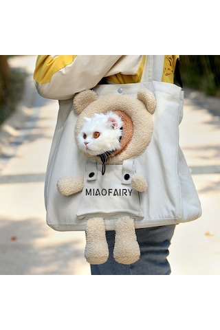 Taşınabilir Gezi Kedi Çantası Açık Omuz Kanvas Çanta Küçük Köpek Pet Çanta Ayı Haki