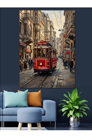 Yağmurlu Şehirde Kırmızı İstanbul Tramvayı Dekoratif Kanvas - Mdf Ahşap Tablo