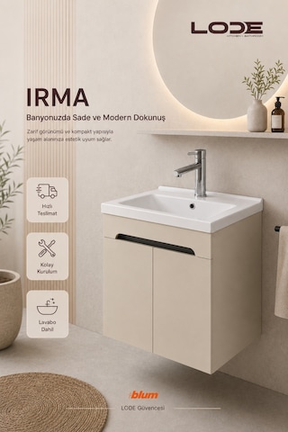 Lode Bath Irma Lavabolu Alt Banyo Dolabı, Kapaklı Banyo Alt Dolabı,seramik Lavabo Dahil 80 Cm Kumtaşı