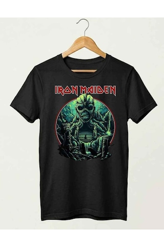 Erkek Iron Maiden Rock Metal Grubu Baskılı Pamuklu T-shirt Siyah