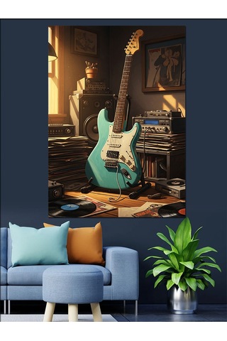 Ahşap Tablo Çalışma Odasındaki Mavi Elektrogitar