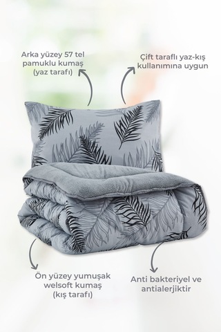 Palm Gri Desenli Tek Kişilik Çift Taraflı Wellsoft Yorgan Seti - Gri - 155x215