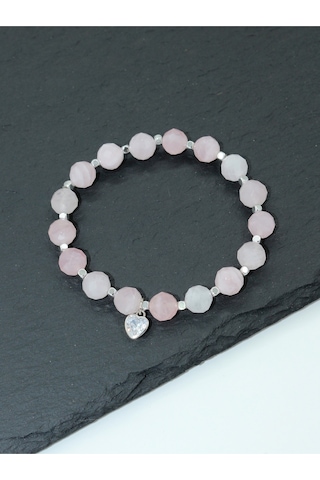 Sertifikalı Aa++ Pembe Kuvars Doğal Taşlı Kadın Çelik Bileklik - Zirkon Kalp Pembe