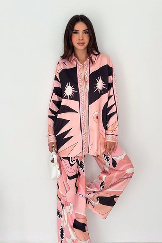 Modal Saten Kumaş Desenli Takım Pembe Pembe