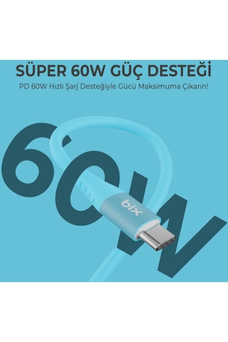 Bix BXSC1CC 60W Type-C To Type-C Silikon Şarj Data Kablosu Mavi