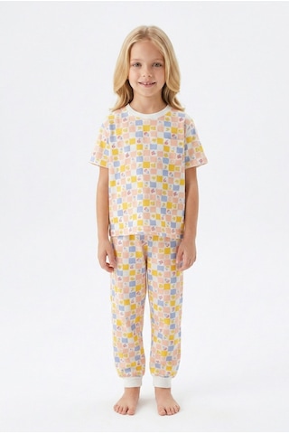 Bunny Hopp Kısa Kollu Renkli Kareli Çiçek Desenli Kız Çocuk Pijama Takımı - %100 Pamuklu Uyku Seti Çok Renkli