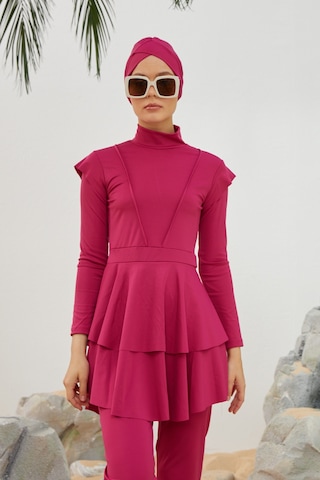 Likralı Tam Kapalı Tesettür Mayo Deniz Mayosu Fırfır Detaylı T223-46 Fuşya Fuşya