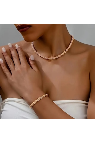 Rosegold Kalın 3mm Burgu Çelik Kolye Ve Bileklik Set Rose Gold