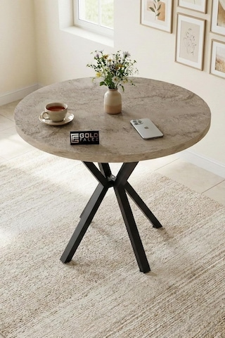 Falez Mutfak Masası 90 Cm Yuvarlak Masa Modern Metal Ayaklı Cafe Balkon Ofis Yemek Masası 9826 Traverten Çok Renkli
