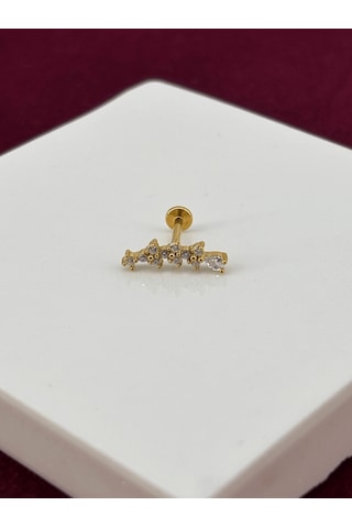 Taşlı Yaprak Detaylı Gold Piercing Gold