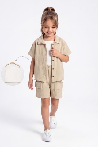 Mnk Baby & Kids Kız Çocuk 3 Parça Pamuklu Müslin Rahat Takım M00837 Kahverengi