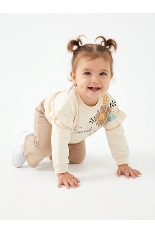 HelloBaby Pamuklu Fırfır Ve Çiçek Detaylı 2li Kız Bebek Takım Krem