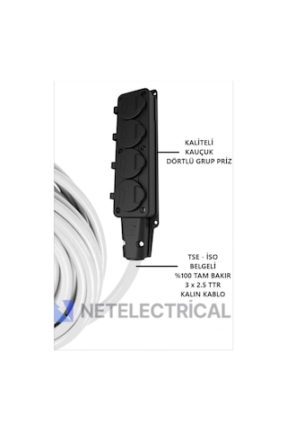 Kauçuk 4'lü 30 Metre Topraklı Grup Priz - 3x2.5 Ttr Tam Bakır Kalın Beyaz Kablo 30 Metre