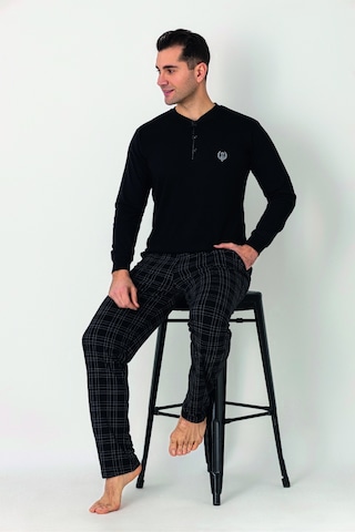 Estiva Erkek Kareli Alt Desenli Siyah Uzun Kollu Patlı Penye Pijama Takımı Çok renkli
