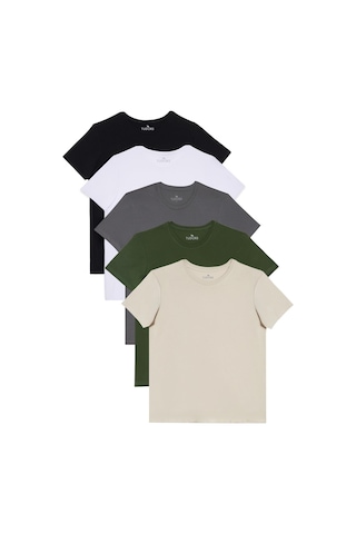 Tudors Unisex 5'li Paket Siyah-beyaz-k. Gri-haki-taş Slim Fit Dar Kesim %100 Pamuk Bisiklet Yaka Tişört-33121 Multi Çok Renkli