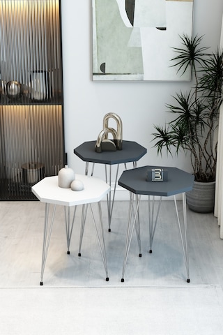 3'lü Sekizgen Zigon Sehpa Seti - Gümüş Metal Ayaklı, Modern & Şık Yan Sehpa, Dayanıklı Salon Ofis Beyaz Antrasit