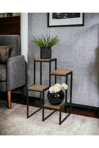 Metal Saksılık 4 Ahşap Raflı Dekoratif Saksı Standı Garden Çam