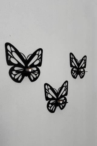 Lazer Kesim Dekoratif Kelebek Duvar Rafı Mumluk Duvar Süsü 3 Adet