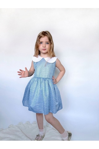 Linola Baby Kids Shiny Simli Bebe Yakalı Çocuk Elbisesi Mavi