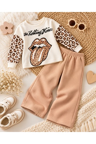 Lolliboomkids Kız Çocuk Leopar Geçişli Trend Lips Baskılı Alt Üst Takım Sütlü Kahve Çok Renkli