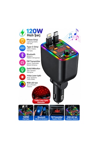 Castu T6 120w Hızlı Araç Şarj Cihazı Fm Transmitter Bluetooth Araç Kit Yıldız Lazer Işıklı