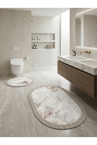Melena Carpet Premium Kaymaz Taban Banyo Paspası Jüt Kenar Detaylı Oval Yuvarlak Set 100x60-60x60 Beyaz-gri
