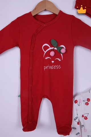 Babyhola %100 Pamuk Kirazlı 2'li Patikli Tulum Önlük Bere 4'lü Set 23608 Göründüğü Gibi
