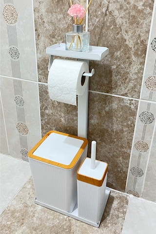 6 Parça Banyo Seti Çöp Kovası, Wc Fırça, Tuvalet Kağıtlık, Diş Fırçalık, Sıvı Sabunluk, Sabunluk Beyaz - Kahverengi