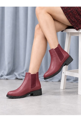 Dabab Shoes Maral Kadın Bordo Cilt Yuvarlak Burun Lastik Detaylı 3 Cm Topuklu Kaymaz Taban Chelsea Bot Bootie