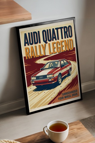 Audi Quattro Siyah Ahşap Çerçeveli Poster, Dekoratif Araba Duvar Tablosu