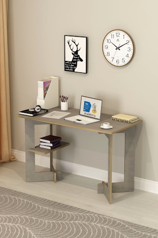 Asra Trend Raflı Modern Çalışma Masası ÇM-02 %100 MDF Bilgisayar Ofis Ders Masası Retro Gri