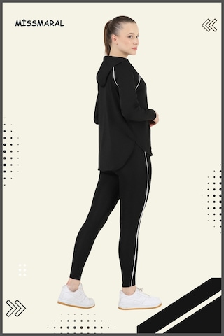 Kadın Eşofman Takım Siyah Üst Tunik & Siyah Regular Fit Lycralı Tayt Dalgıç Kumaş Aktif Spor 3060 Siyah Beyaz Şeritli