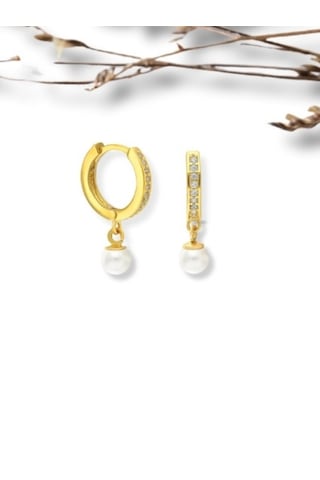 925 Ayar Gümüş Zirkon Taşlı İncili Halka Küpe Gold Renk