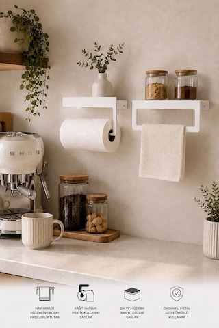 Beyaz Duvara Monte Havluluk & Peçetelik Modern&dayanıklı 2'li Set Beyaz