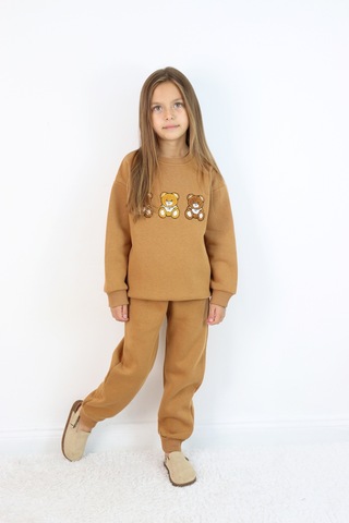 Kız Çocuk 3'lü Ayıcık Nakışlı 3 İplik Oversize Şardonlu Takım Kahverengi