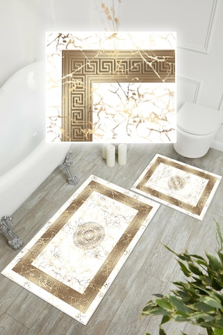 Dijital Baskı Mermer Desen Kaymaz Taban 2li Set Banyo Paspası Klozet Takımı 50x60cm-60x100cm Gold