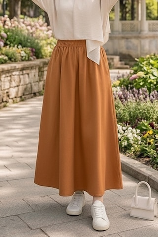 Bestenur Cepli Beli Lastikli Poplin Etek 1727 - Taba