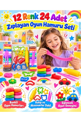 Oyuncak 12 Renk 24 Adet Zıplayan Havayla Kuruyan Yumuşak Kil Hamuru Kalıp Aksesuar Oyun Hamur Seti 38 Parça Çok Renkli