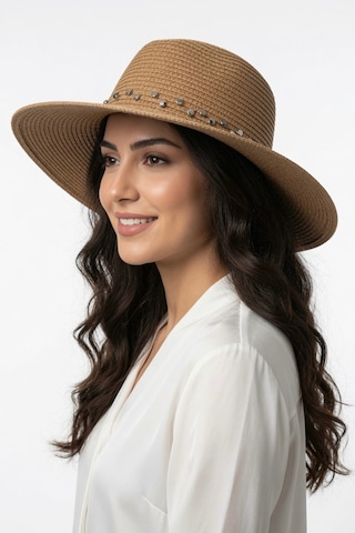 Mollycrush Kadın Trend Hasır Camel Şapka Geniş Siperli Zımba Detaylı Tatil Modeli Kahverengi