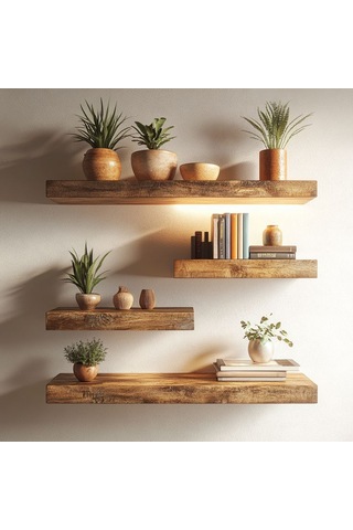 Nest Woodtr Dekoratif Doğal Ahşap Tekli Raf Gizli Raf 50x15x4 Cm Gizli Aparatlı Raf 1 Adet Ceviz