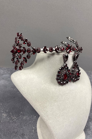 FdayAksesuar Aksesuar Gelin Tacı Seti Bordo Çift Taraflı Selen Model Kına Gelin Tacı Ve Damla Taşlı Küpe Takımı FRDY31674